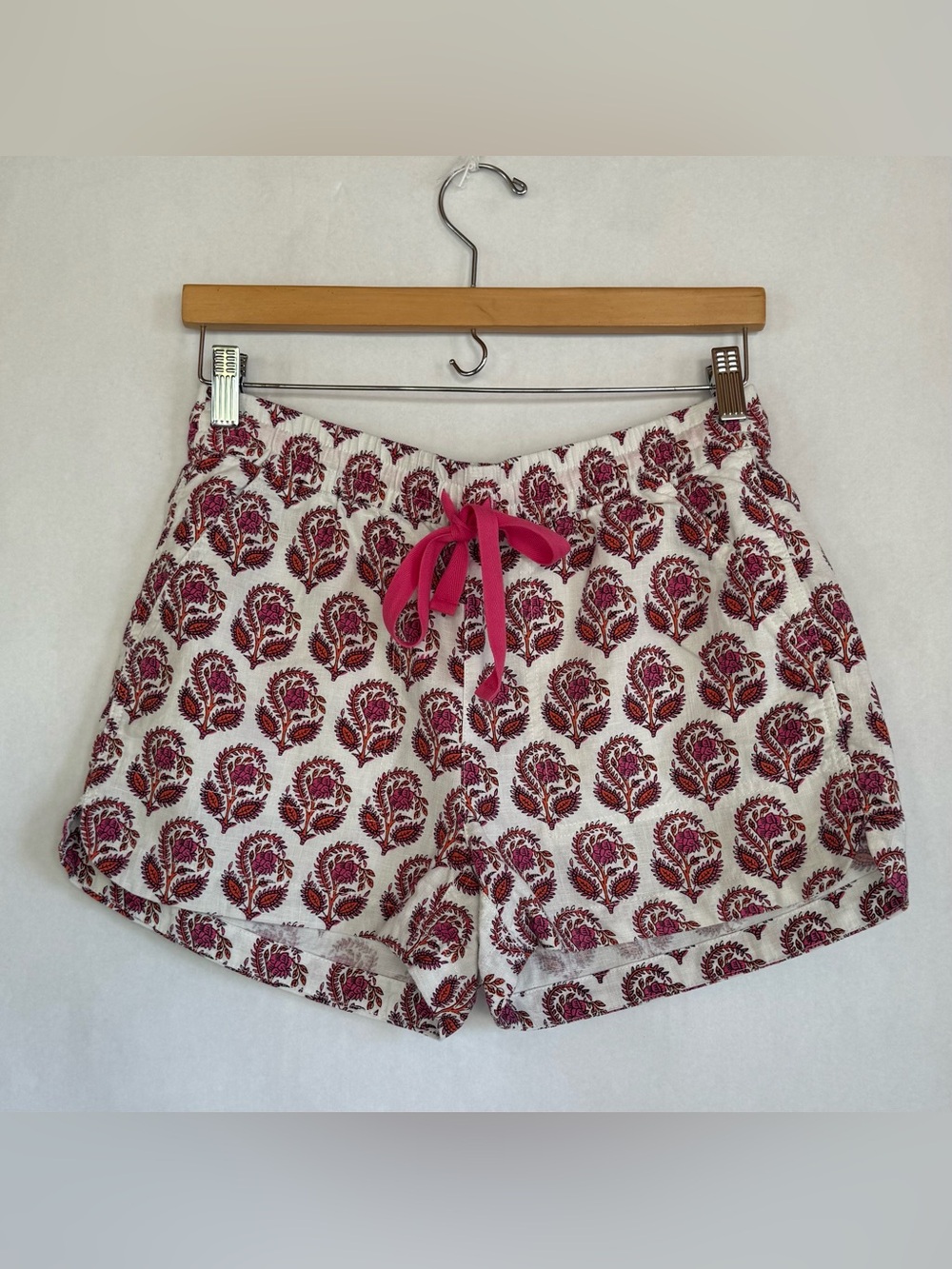 J. Crew Cream Shorts with block print Pink Floral Print and Pink Drawstring